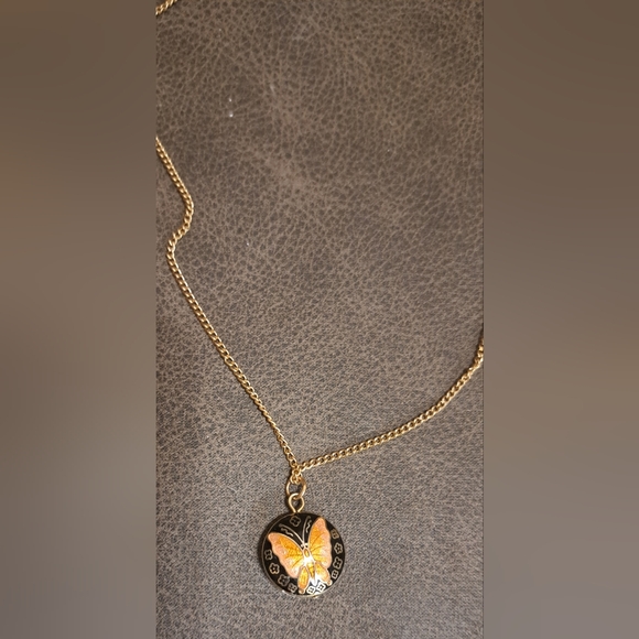 Vtg Butterfly Enamel Cloisonne Pendant Orange Black Gold W Chain Delicate - Picture 7 of 8